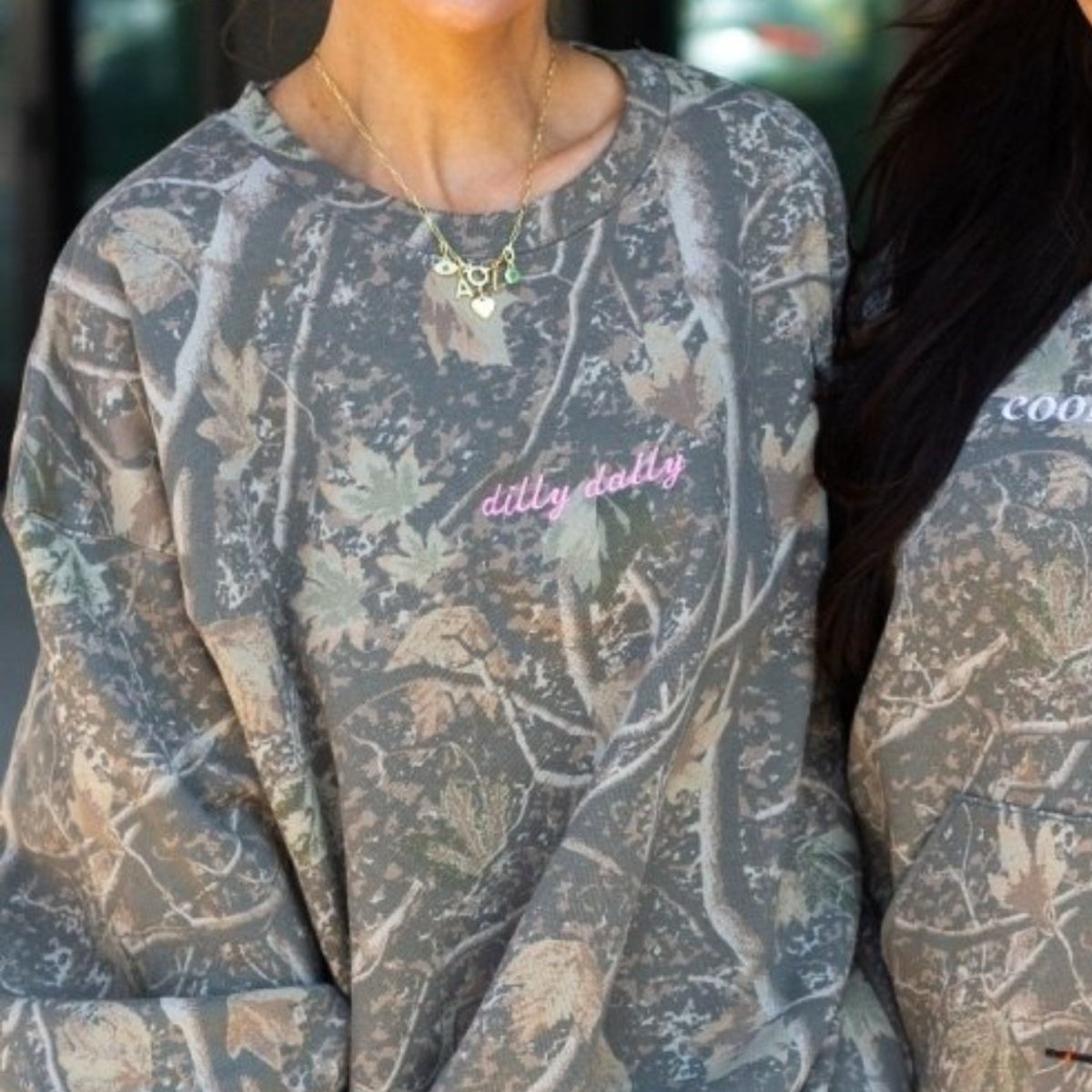 Embroidered ‘Dilly Dally’ Camo Hideaway Crewneck