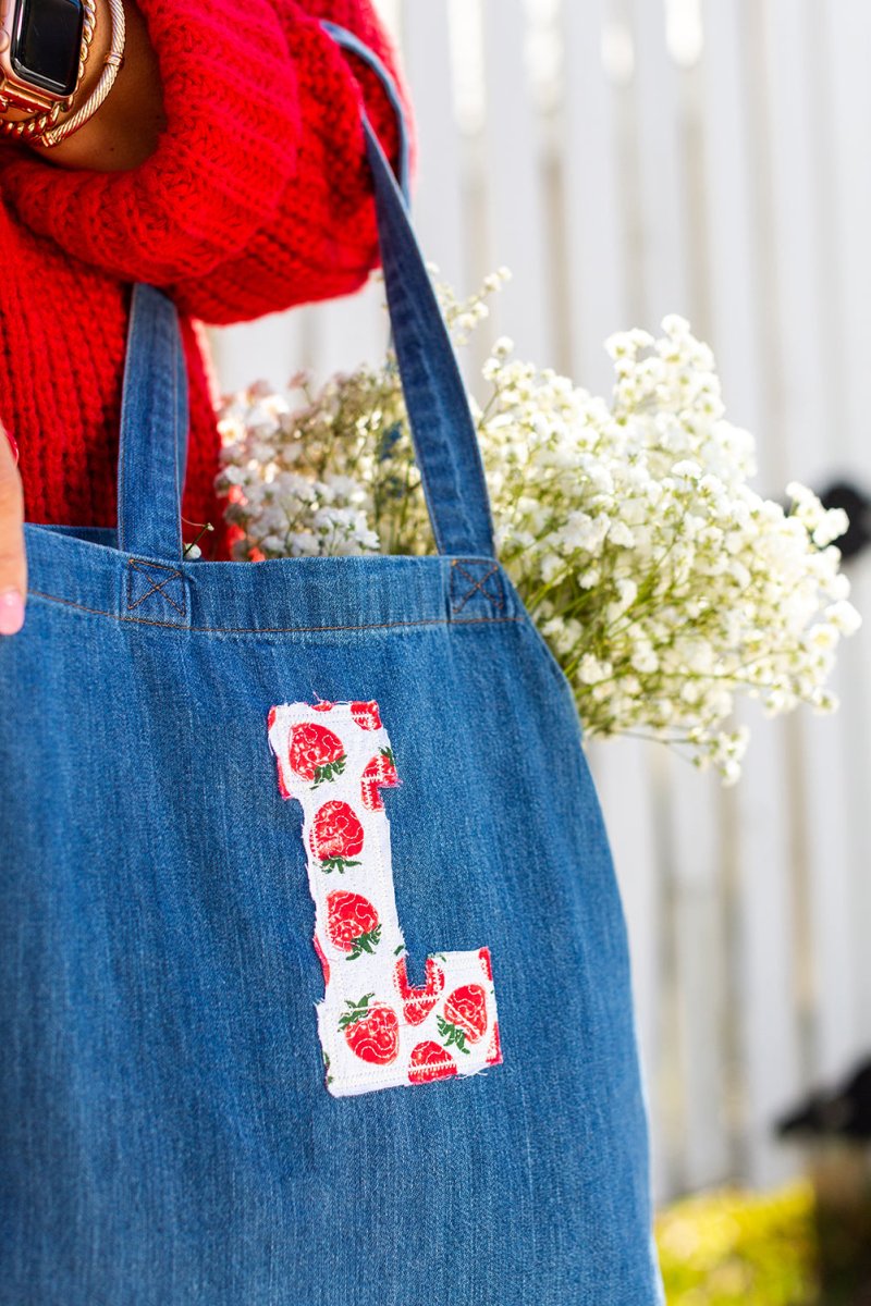 Initial 'Strawberry Charm' Appliqué Stitch Denim Tote
