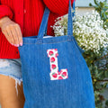 Initial 'Strawberry Charm' Appliqué Stitch Denim Tote