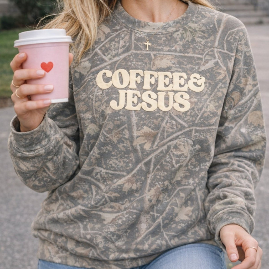 PUFF ‘Coffee & Jesus’ Camo Hideaway Crewneck