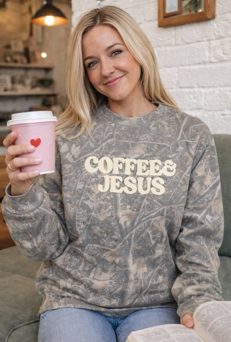 PUFF ‘Coffee & Jesus’ Camo Hideaway Crewneck