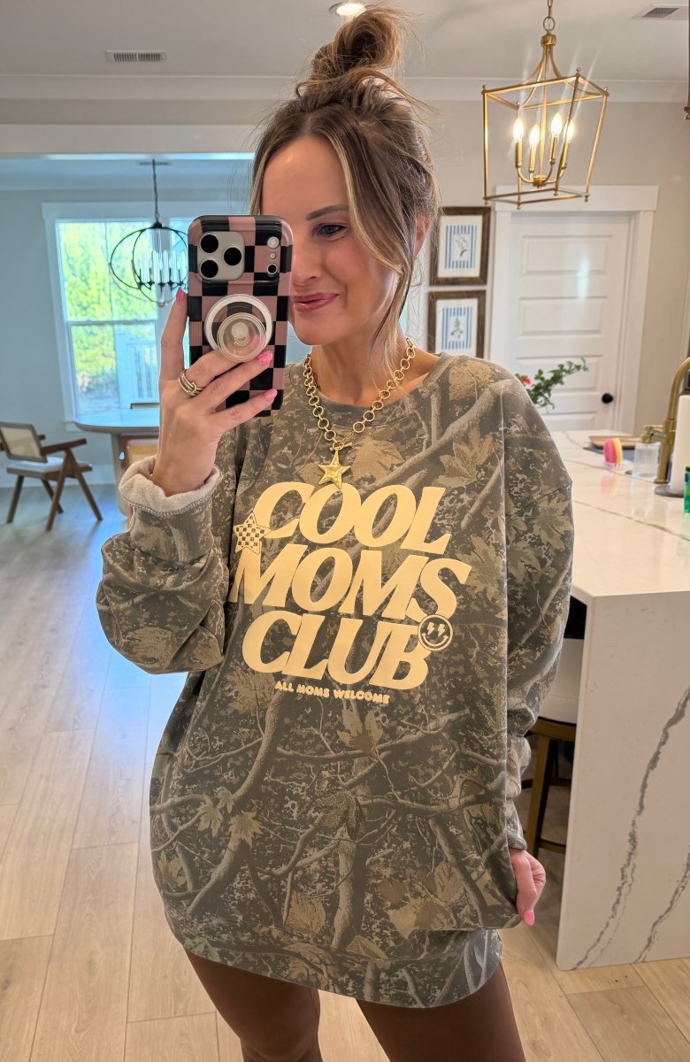 PUFF 'Cool Mom's Club - All Moms Welcome' Camo Hideaway Crewneck