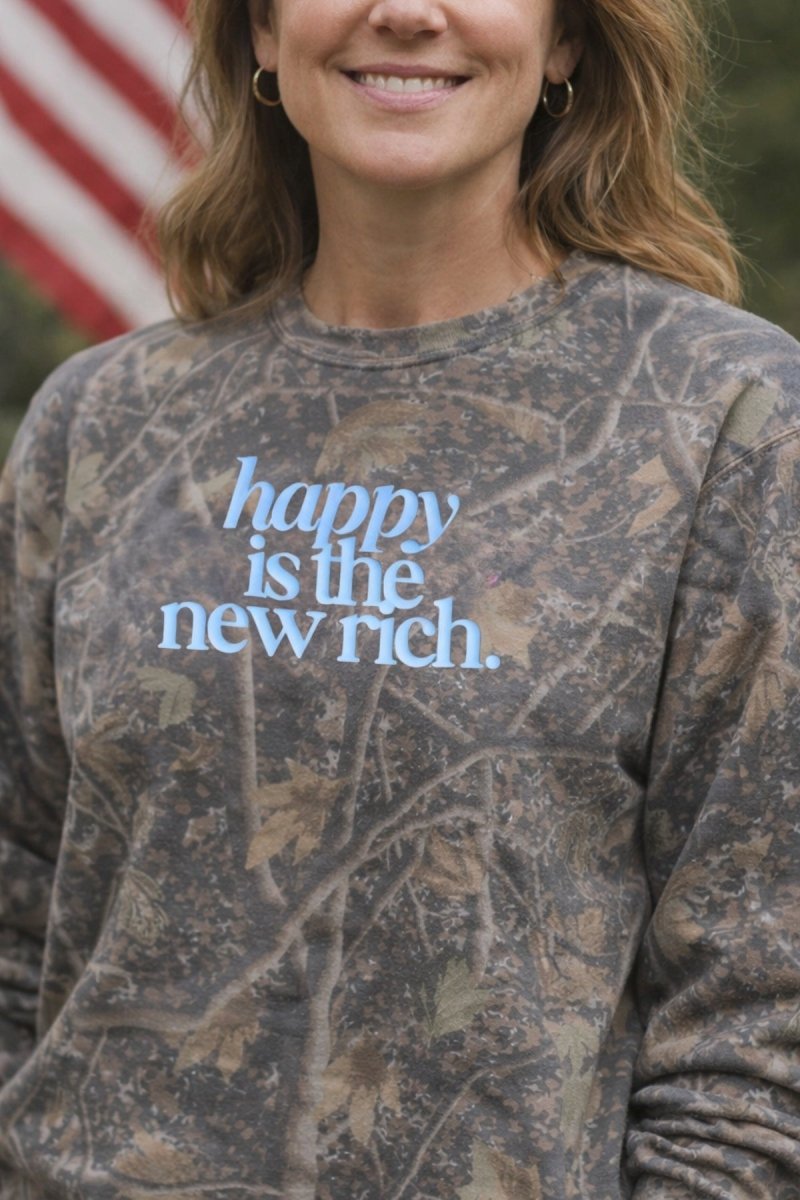 PUFF 'Happy Is The New Rich' Camo Hideaway Crewneck