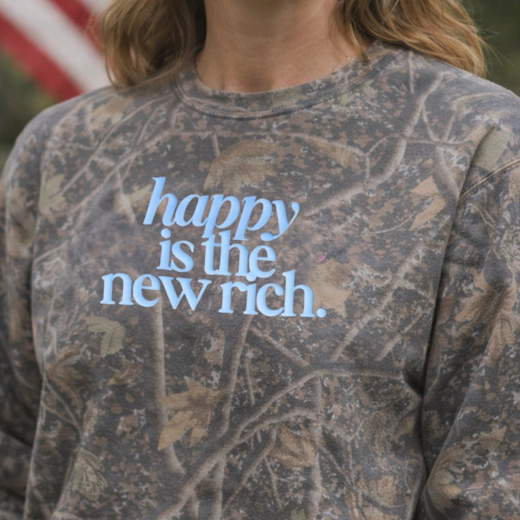 PUFF 'Happy Is The New Rich' Camo Hideaway Crewneck