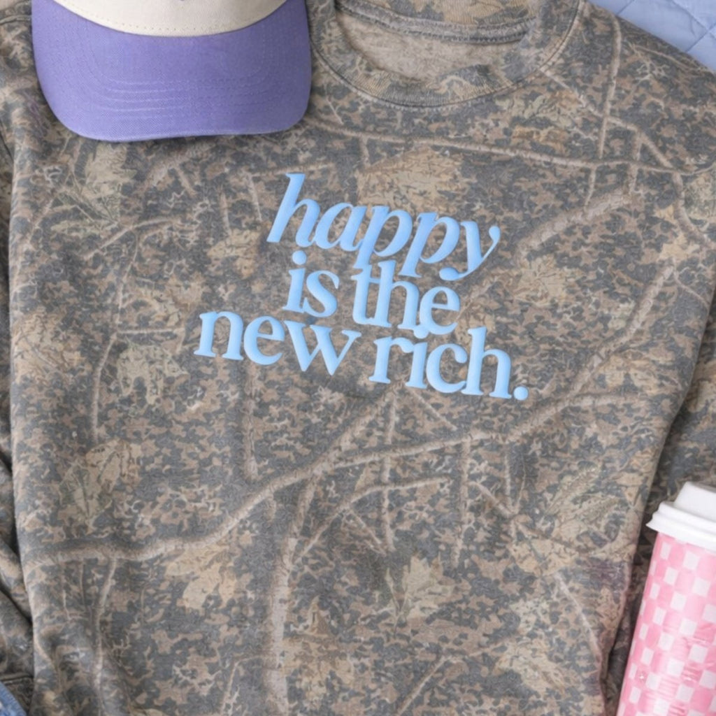 PUFF 'Happy Is The New Rich' Camo Hideaway Crewneck