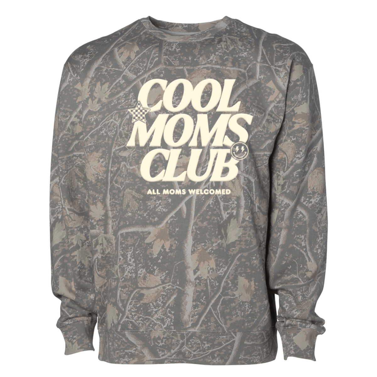 PUFF 'Cool Mom's Club - All Moms Welcome' Camo Hideaway Crewneck